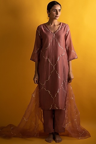 Dusty Rose Handloom Chanderi Gota Work Kurta Set by Avaasya Jaipur