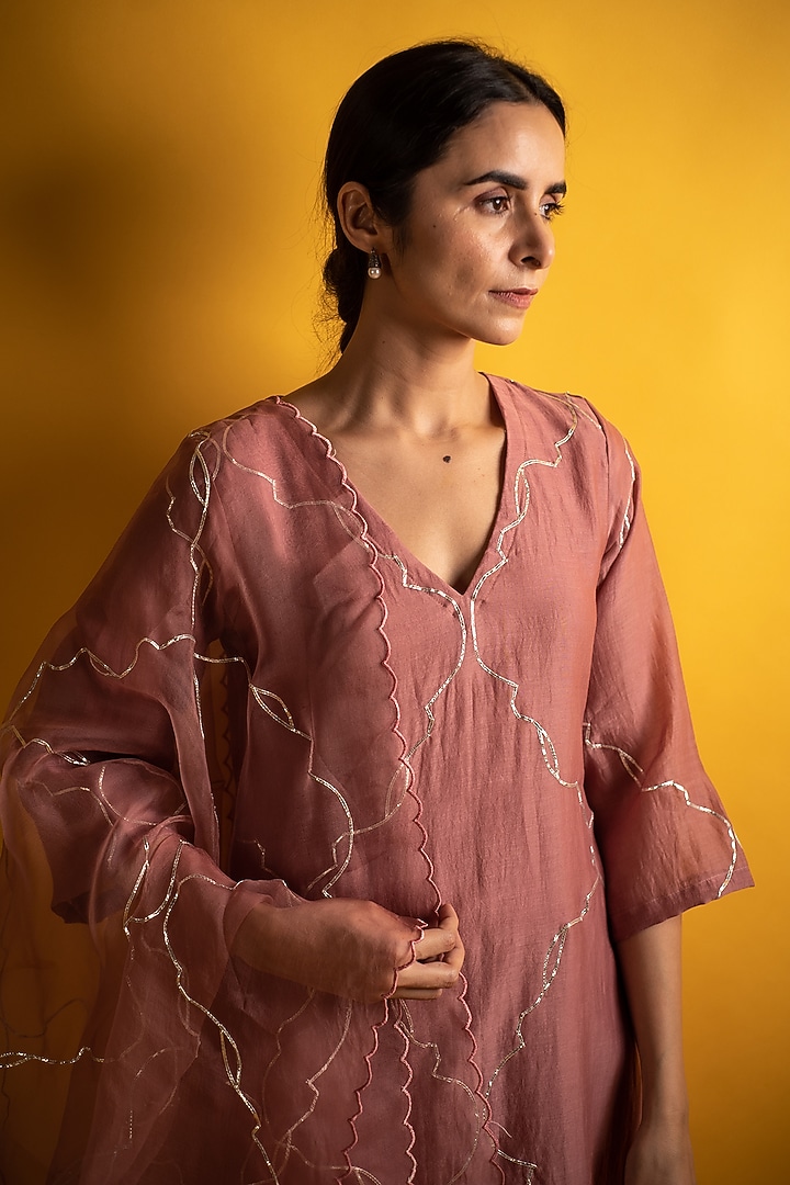 Dusty Rose Handloom Chanderi Gota Work Kurta Set by Avaasya Jaipur at Pernia's Pop Up Shop