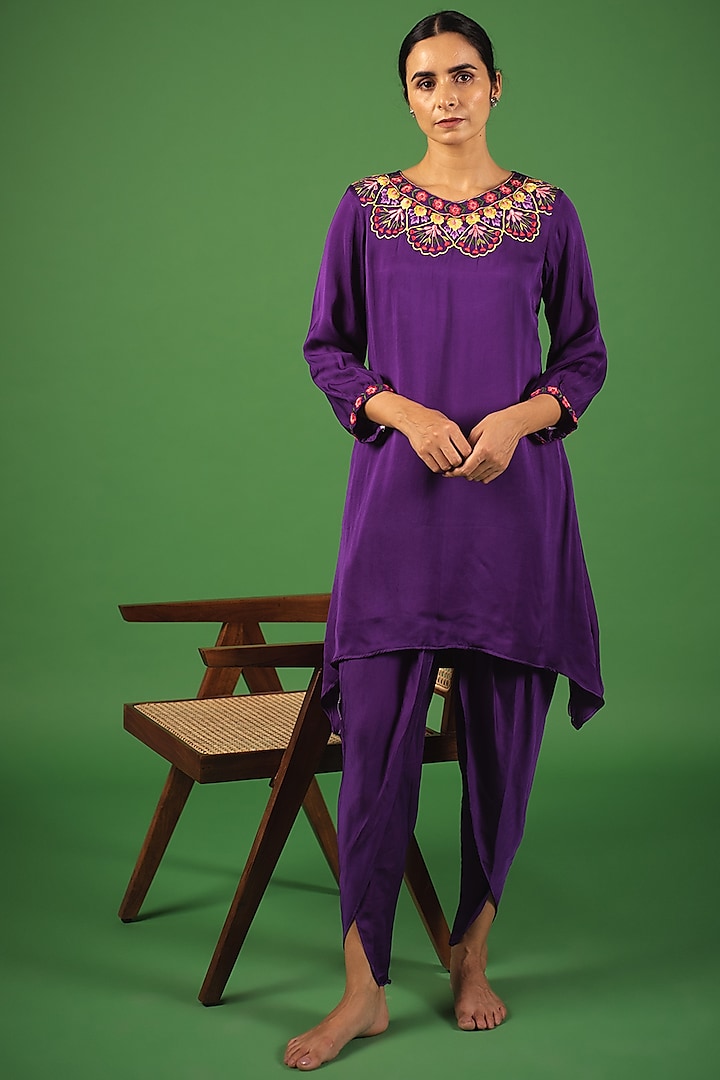 Plum Purple Modal Satin Dhoti Set by Avaasya Jaipur