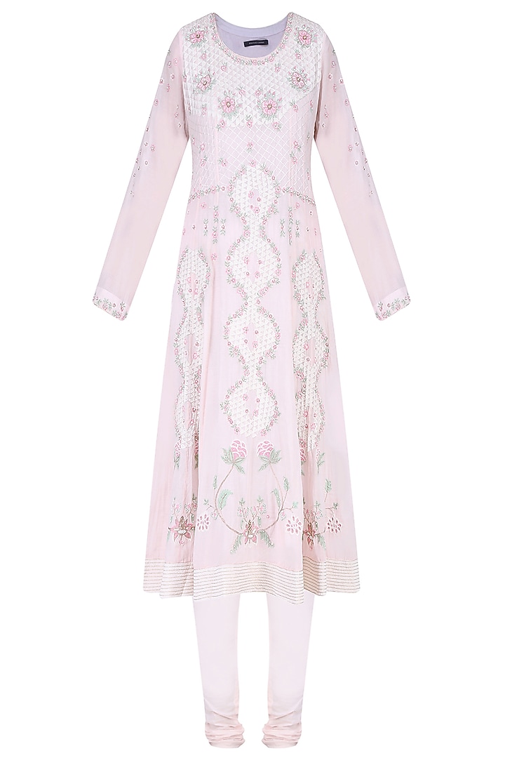 Powder pink aari and beads embroidered anarkali set available only at Pernia's Pop Up Shop.