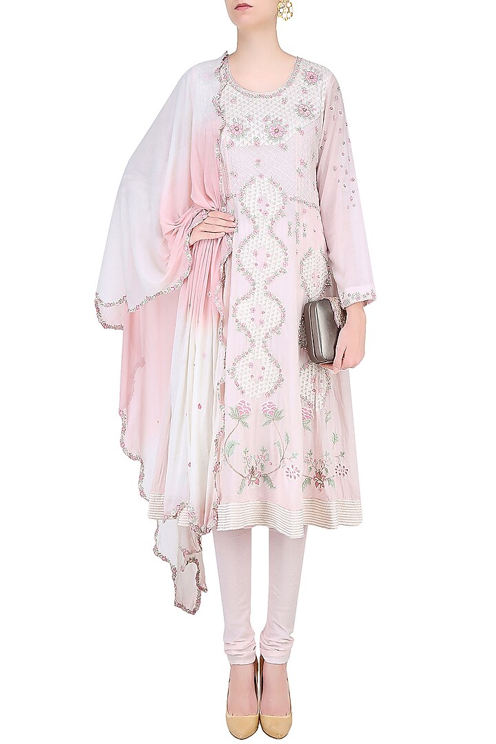Powder pink aari and beads embroidered anarkali set available only at Pernia's Pop Up Shop.
