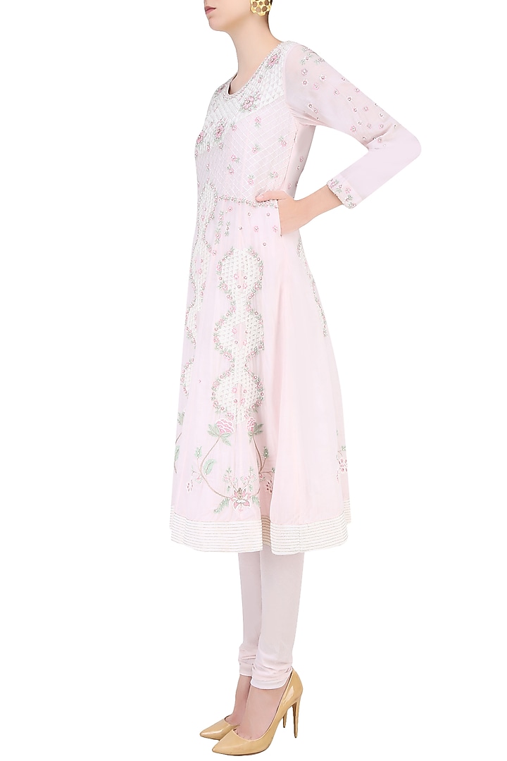 Powder pink aari and beads embroidered anarkali set available only at Pernia's Pop Up Shop.