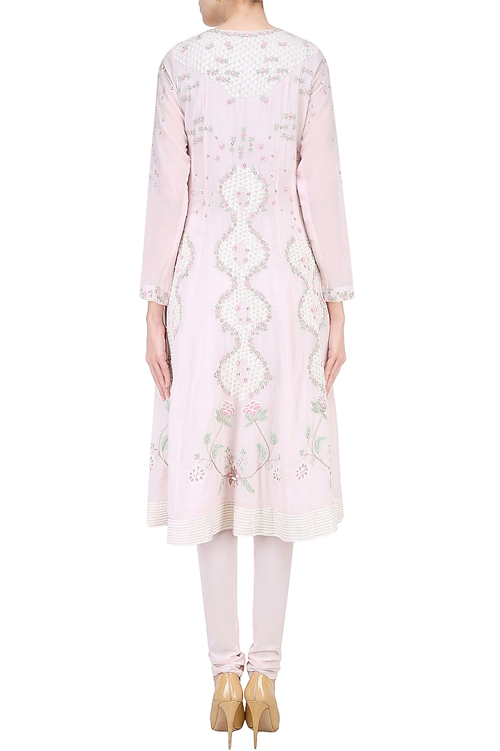 Powder pink aari and beads embroidered anarkali set available only at Pernia's Pop Up Shop.