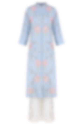 Powder Blue 3D Embroidered Roses Tunic With Off White Pants by Abhishek Vermaa