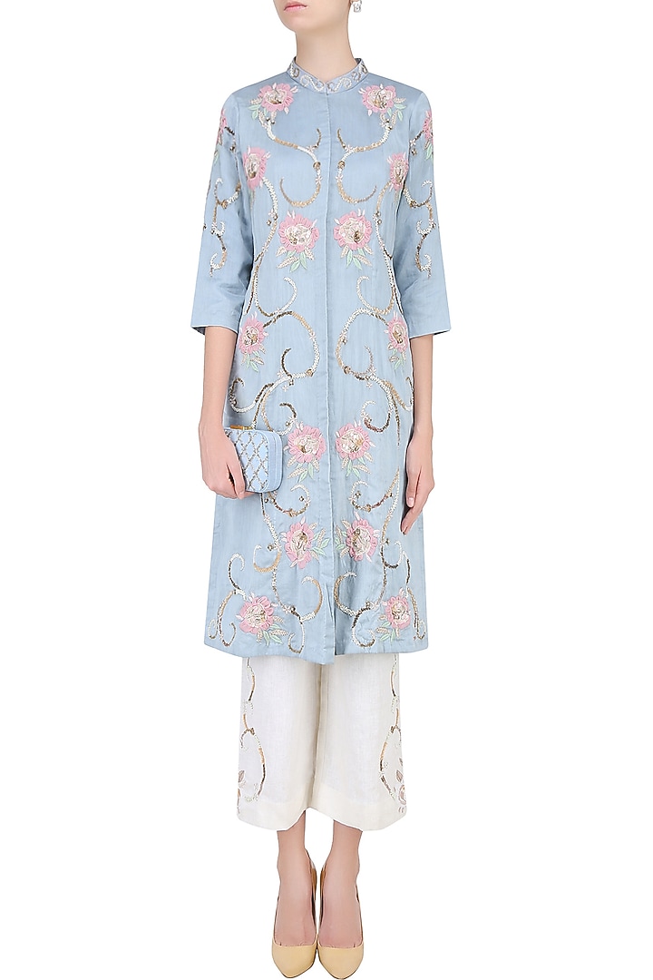 Powder blue 3D embroidered roses tunic with off white pants available only at Pernia's Pop Up Shop.