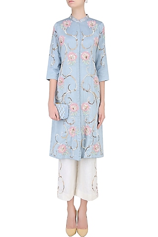 Powder Blue 3D Embroidered Roses Tunic With Off White Pants by Abhishek Vermaa