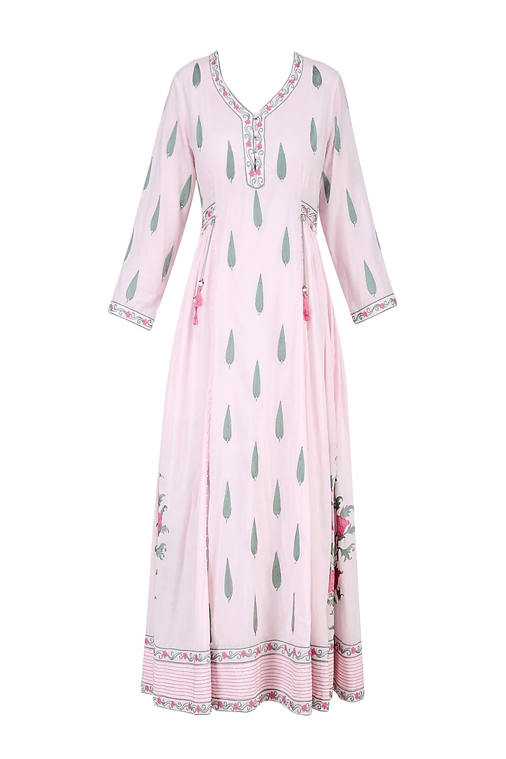 Powder Pink and Green Floral Embroidered Anarkali Tunic by Abhishek Vermaa
