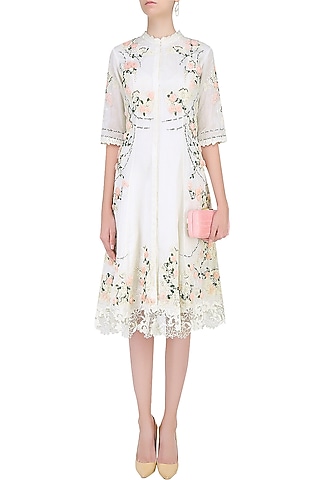 Ivory 3D Rose Motifs and Lace Cutwork Tunic by Abhishek Vermaa