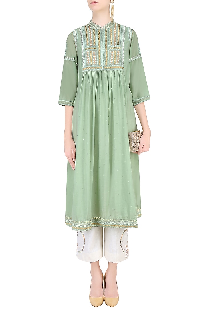 Mint green beads, sequins and kantha stitched tunic available only at Pernia's Pop Up Shop.