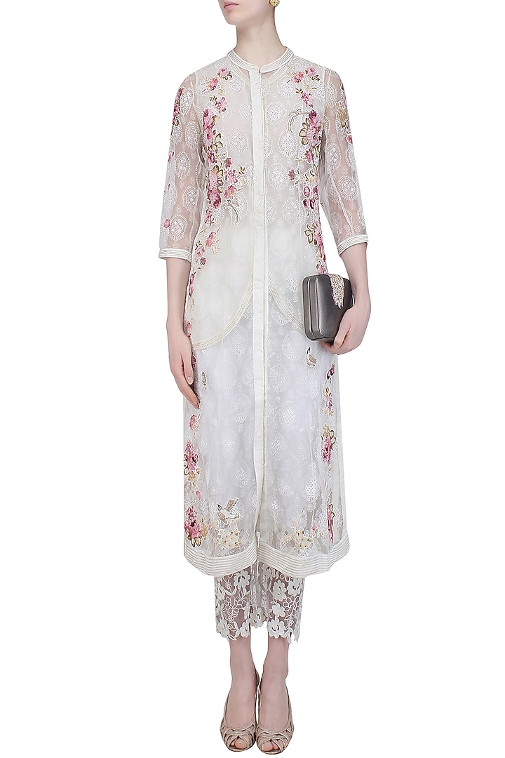 Powder pink block printed applique work tunic and pants set available only at Pernia's Pop Up Shop.