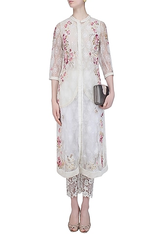 Powder Pink Block Printed Applique Work Tunic and Pants Set by Abhishek Vermaa