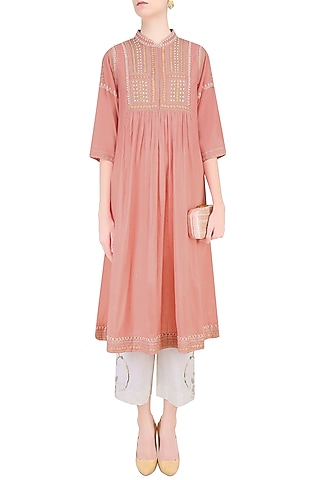 Peach Beads, Sequins and Kantha Stitched Tunic by Abhishek Vermaa