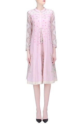 Powder Pink Floral Kashmiri Aari Work Kalidaar Tunic by Abhishek Vermaa