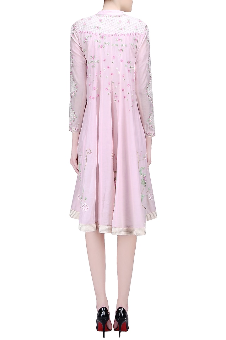 Powder pink floral kashmiri aari work kalidaar tunic available only at Pernia's Pop Up Shop.