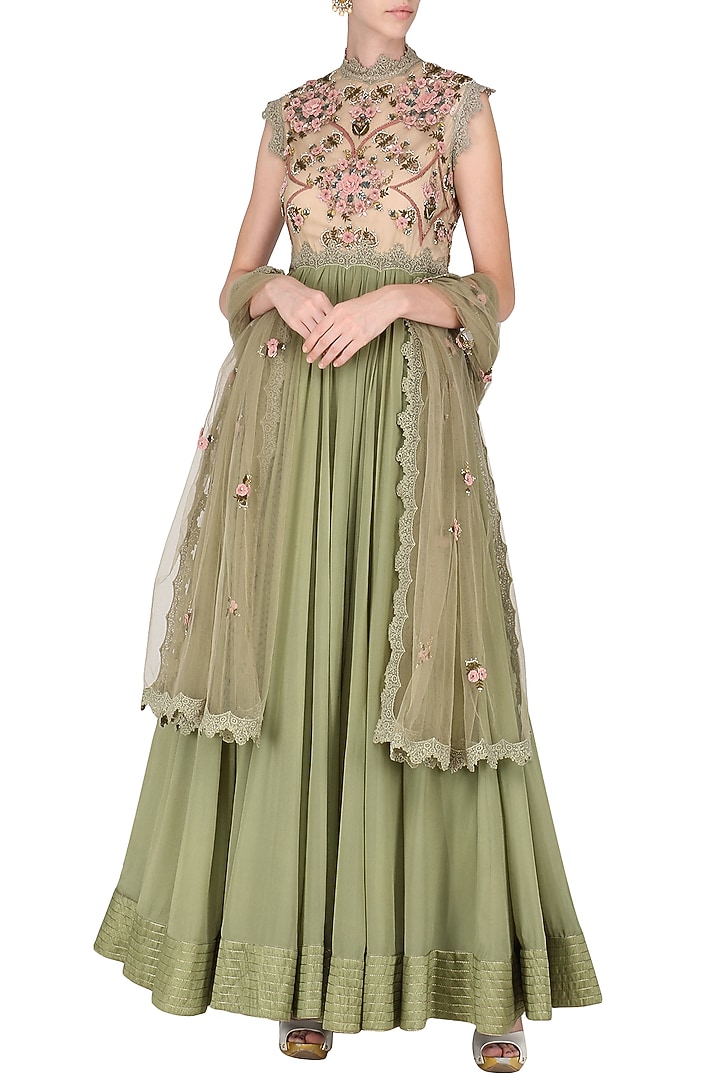 Olive green embroidered anarkali set available only at Pernia's Pop Up Shop.