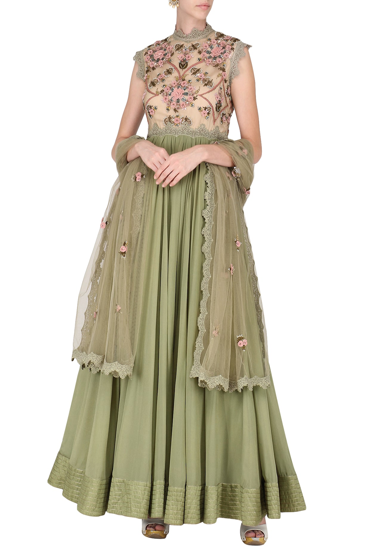 Olive Green Embroidered Anarkali Set main image 0