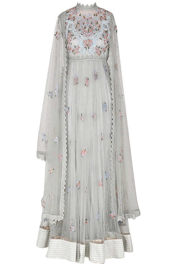 Abhishek Vermaa presents Sea blue embroidered cape style anarkali set available only at Pernia's Pop Up Shop.