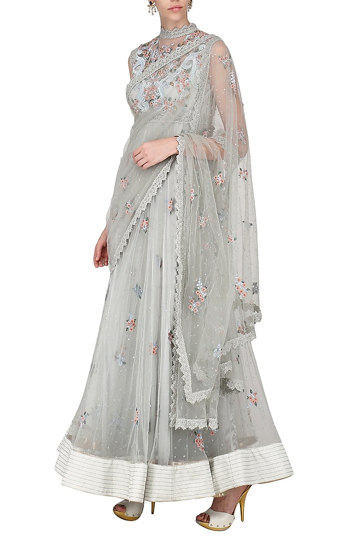 Abhishek Vermaa presents Sea blue embroidered cape style anarkali set available only at Pernia's Pop Up Shop.