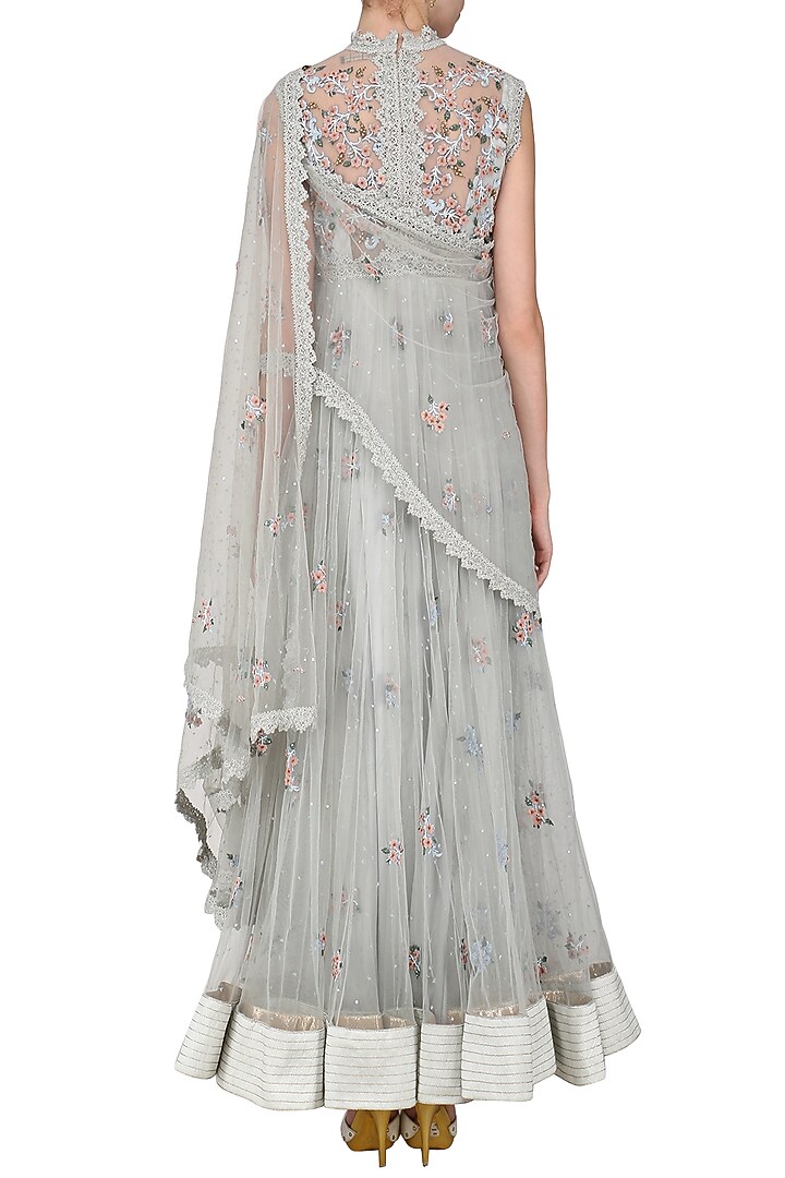 Abhishek Vermaa presents Sea blue embroidered cape style anarkali set available only at Pernia's Pop Up Shop.