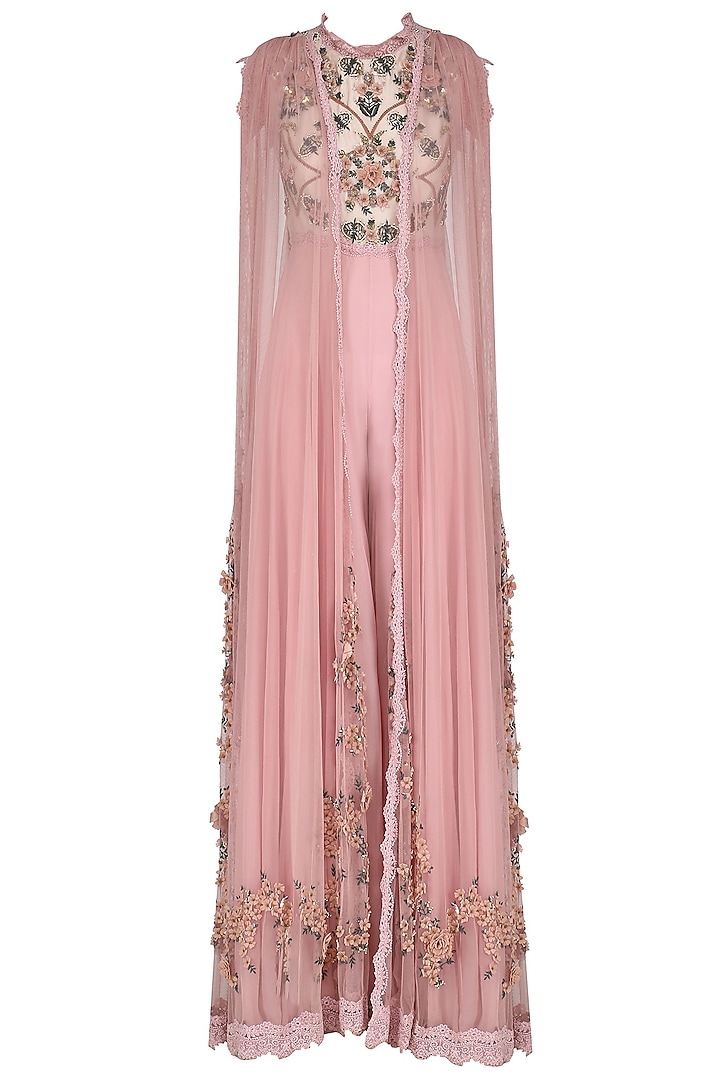 Pink Embroidered Jumpsuit with Pleated Dupatta by Abhishek Vermaa
