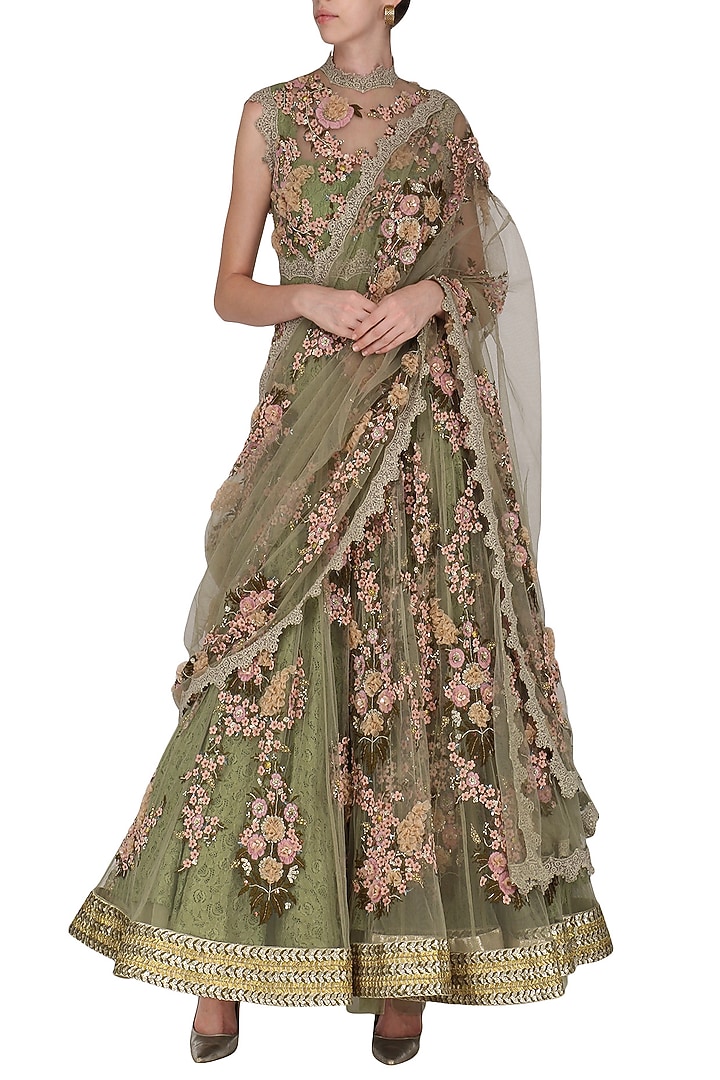 Abhishek Vermaa presents Green embroidered and laser cut anarkali set available only at Pernia's Pop Up Shop.