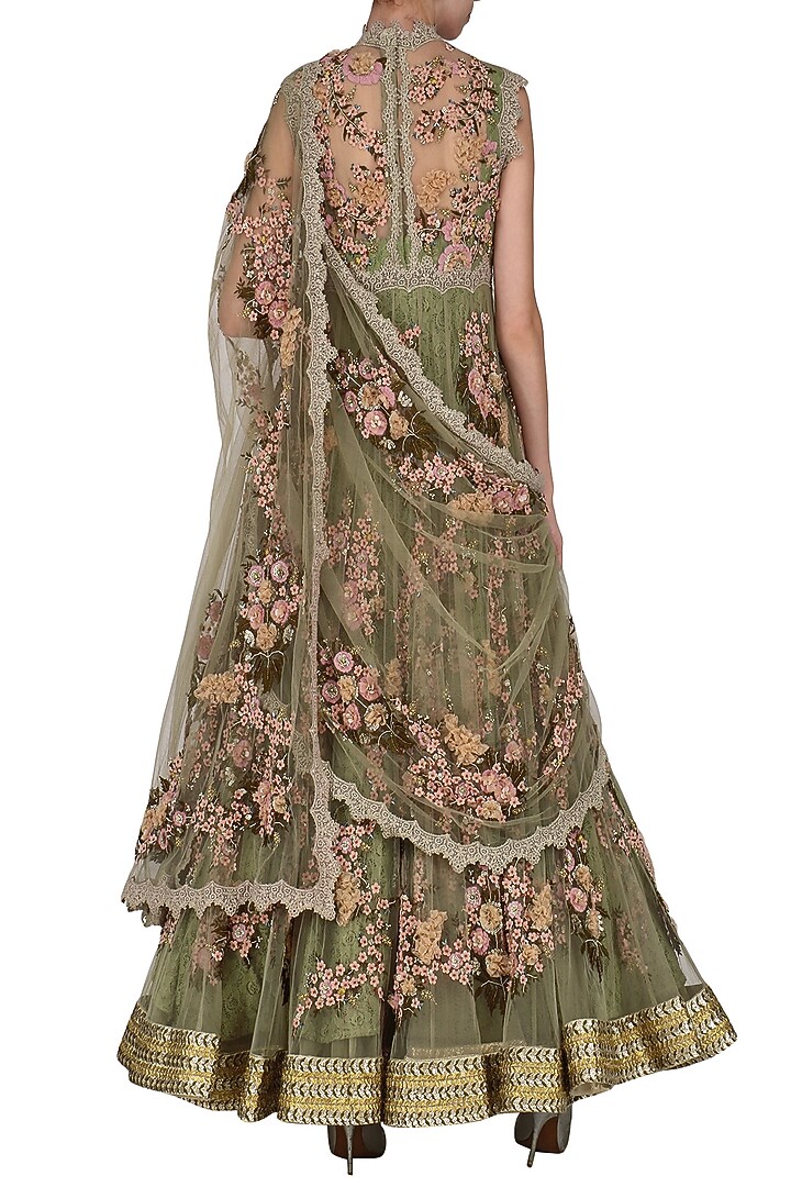 Abhishek Vermaa presents Green embroidered and laser cut anarkali set available only at Pernia's Pop Up Shop.