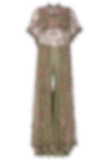 Olive Green Embroidered Long Cape with Sharara Pants Set by Abhishek Vermaa