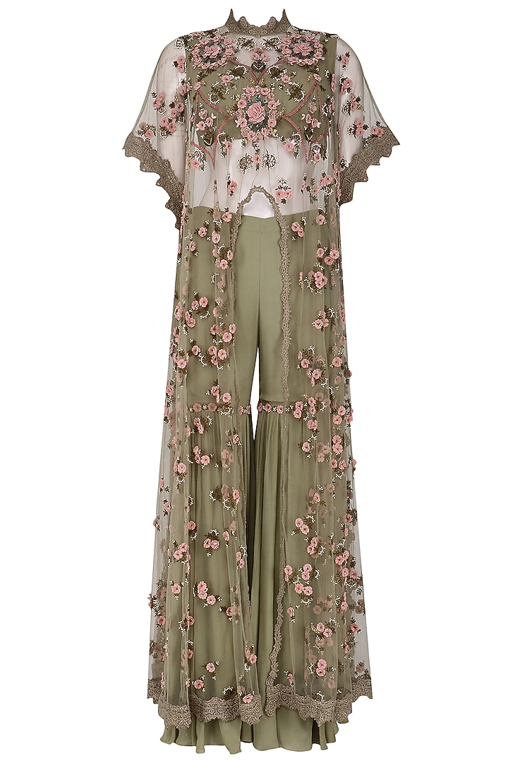 Olive green embroidered long cape with sharara pants set available only at Pernia's Pop Up Shop.
