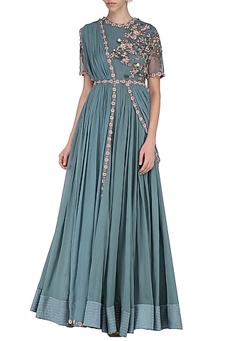 Teal 3D floral embroidered anarkali by Abhishek Vermaa