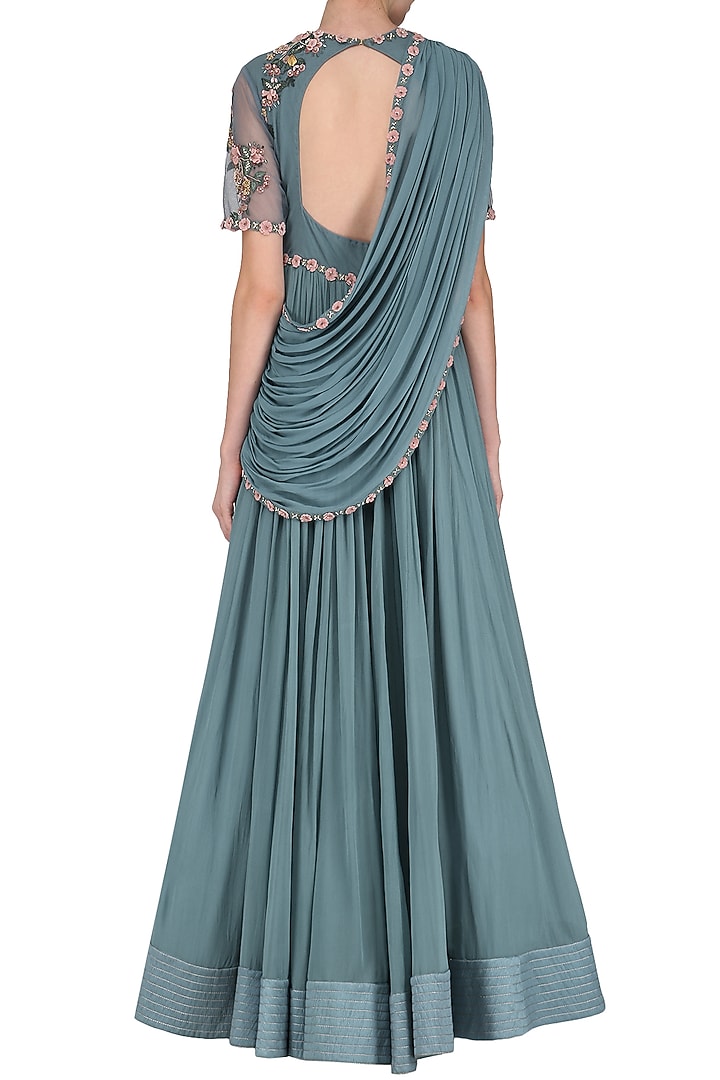 Teal 3D floral embroidered anarkali set available only at Pernia's Pop Up Shop.