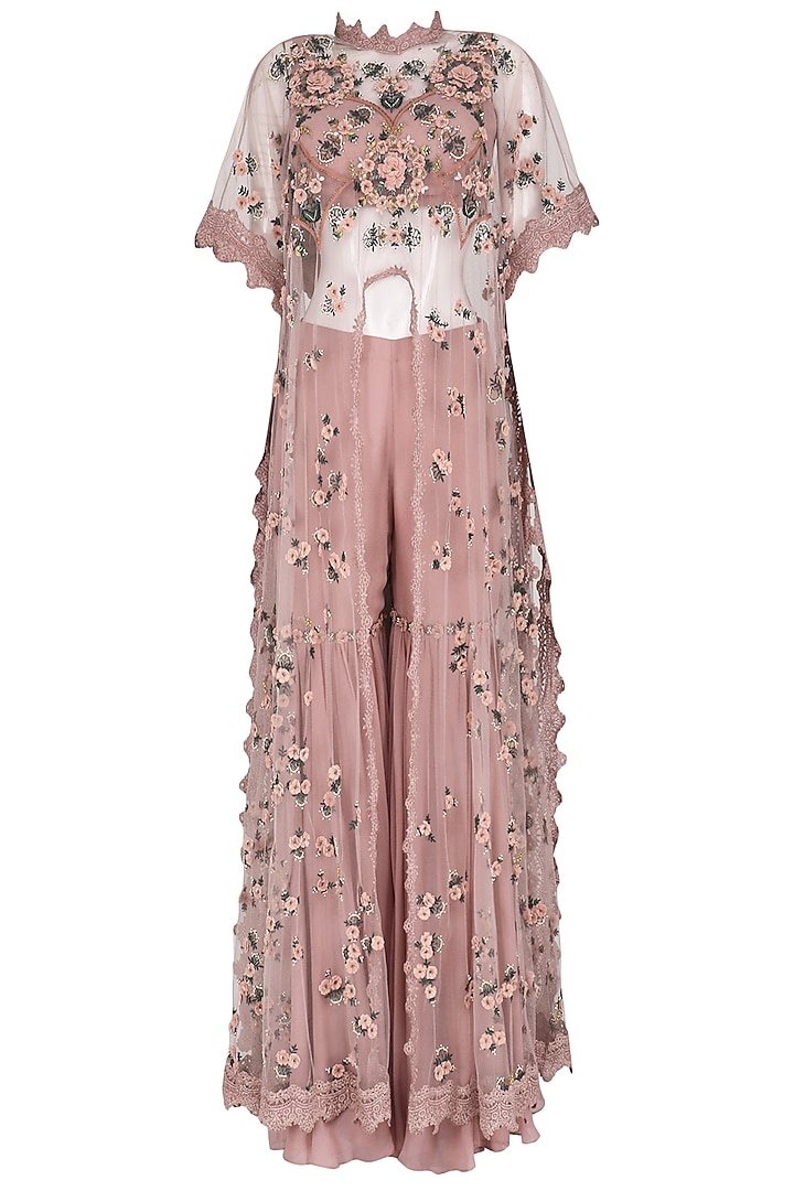 Dusky Pink Embroidered Long Cape with Sharara Pants Set by Abhishek Vermaa