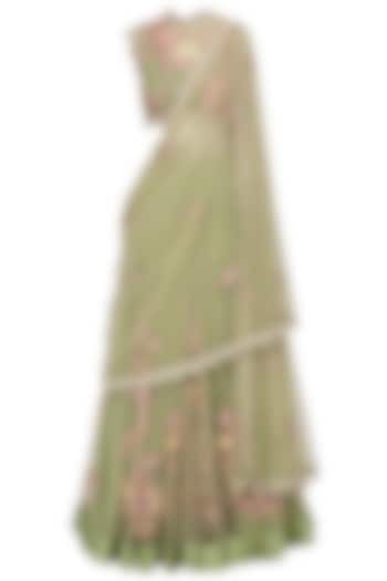 Olive Green Floral Embroidered Laser Cut Anarkali Gown by Abhishek Vermaa