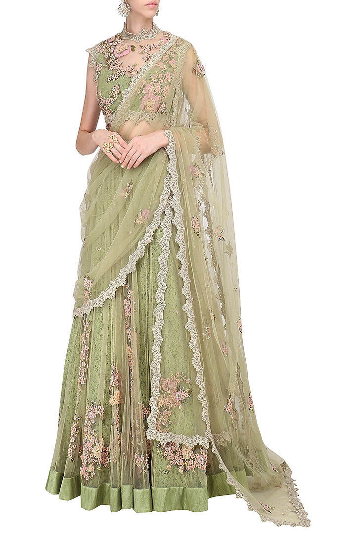 Olive green floral embroidered laser cut anarkali gown available only at Pernia's Pop Up Shop.