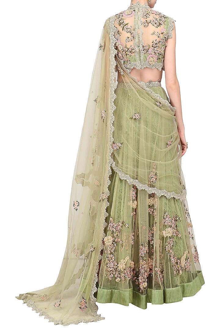 Olive green floral embroidered laser cut anarkali gown available only at Pernia's Pop Up Shop.