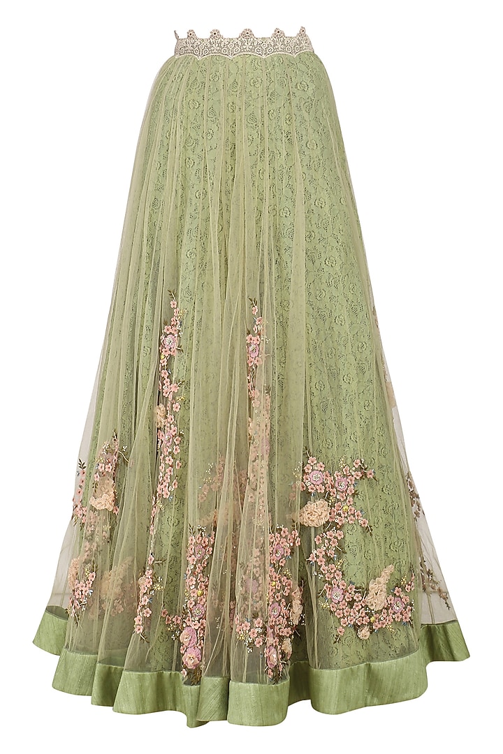 Olive green floral embroidered laser cut anarkali gown available only at Pernia's Pop Up Shop.
