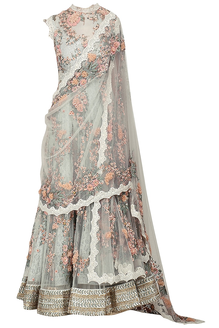 Blue floral embroidered laser cut anarkali gown available only at Pernia's Pop Up Shop.