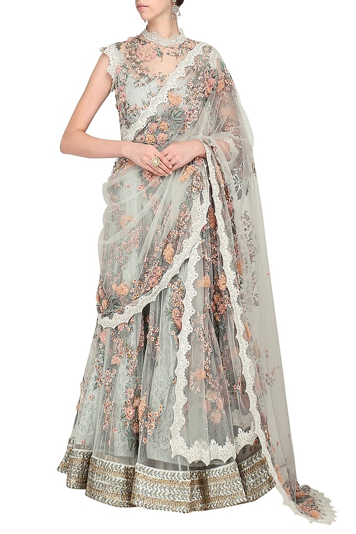 Blue floral embroidered laser cut anarkali gown available only at Pernia's Pop Up Shop.