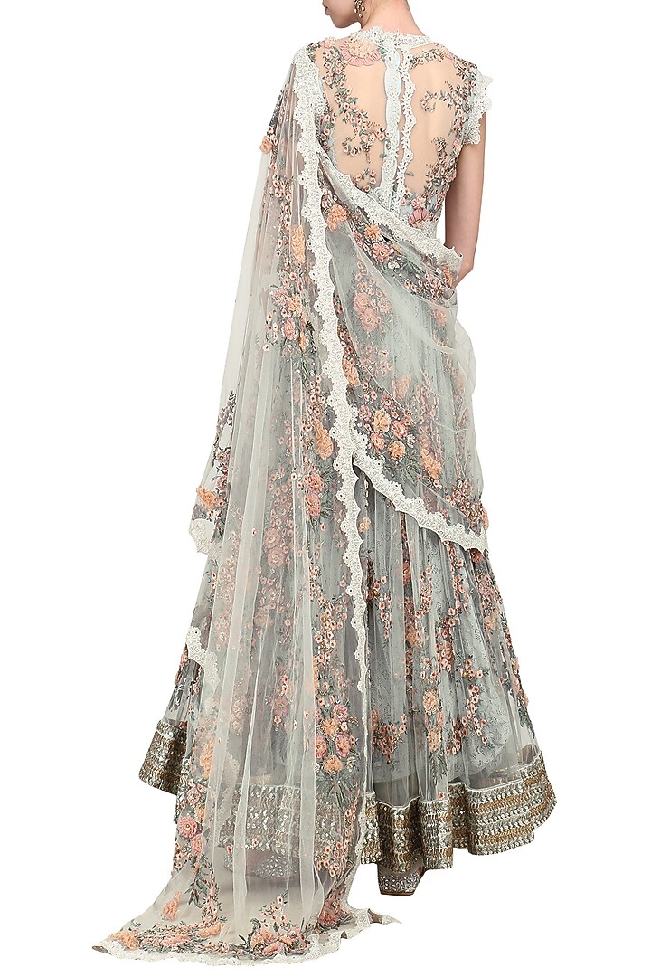Blue floral embroidered laser cut anarkali gown available only at Pernia's Pop Up Shop.