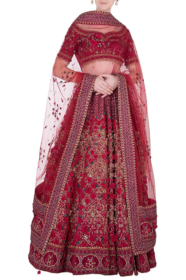 Wine red embroidered lehenga set available only at Pernia's Pop Up Shop.