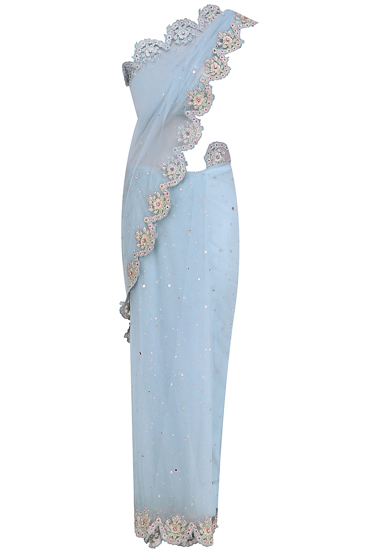 Blue floral cutwork embroidered saree and blouse set available only at Pernia's Pop Up Shop.