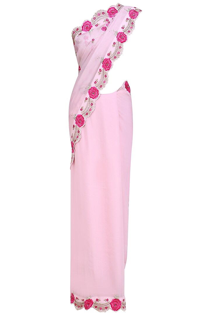 Soft pink vintage roses embroidered saree and blouse set available only at Pernia's Pop Up Shop.