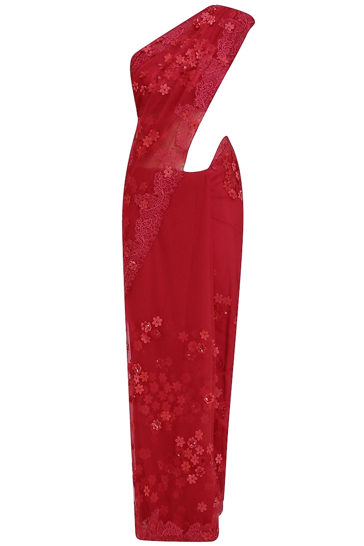 Cranberry red 3D flowers embroidered saree and blouse set available only at Pernia's Pop Up Shop.