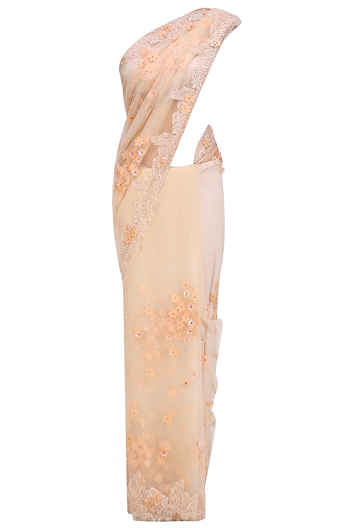 Peach 3D flowers embroidered saree and blouse set available only at Pernia's Pop Up Shop.