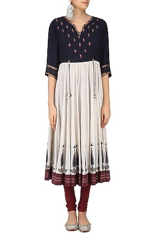 Ivory and Navy Block Printed and Hand Embroidered Kurta by Abhishek Vermaa