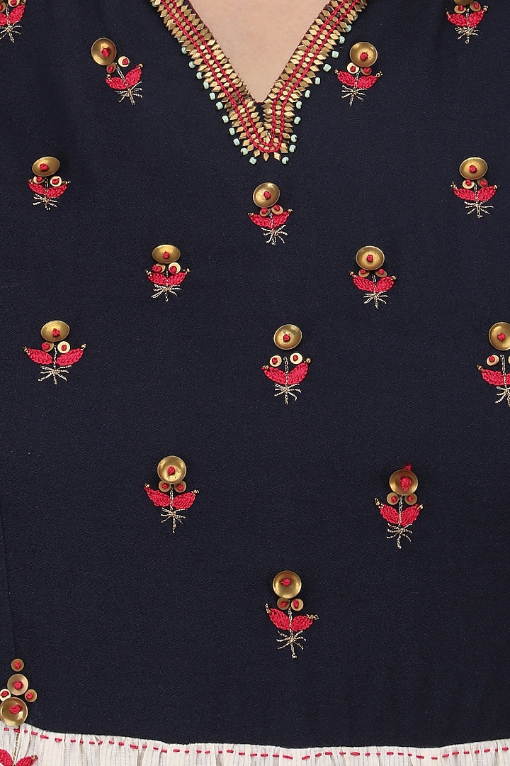 Ivory and navy block printed and hand embroidered kurta available only at Pernia's Pop Up Shop.