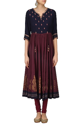 Maroon and Navy Block Printed and Hand Embroidered Kurta by Abhishek Vermaa