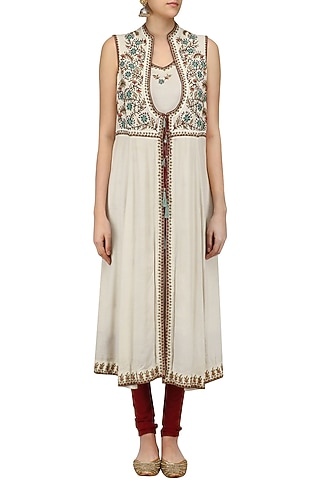 Ivory Floral Thread Embroidered Kurta by Abhishek Vermaa
