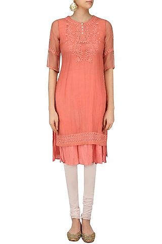 Peach High Low Embroidered Kurta Set by Abhishek Vermaa
