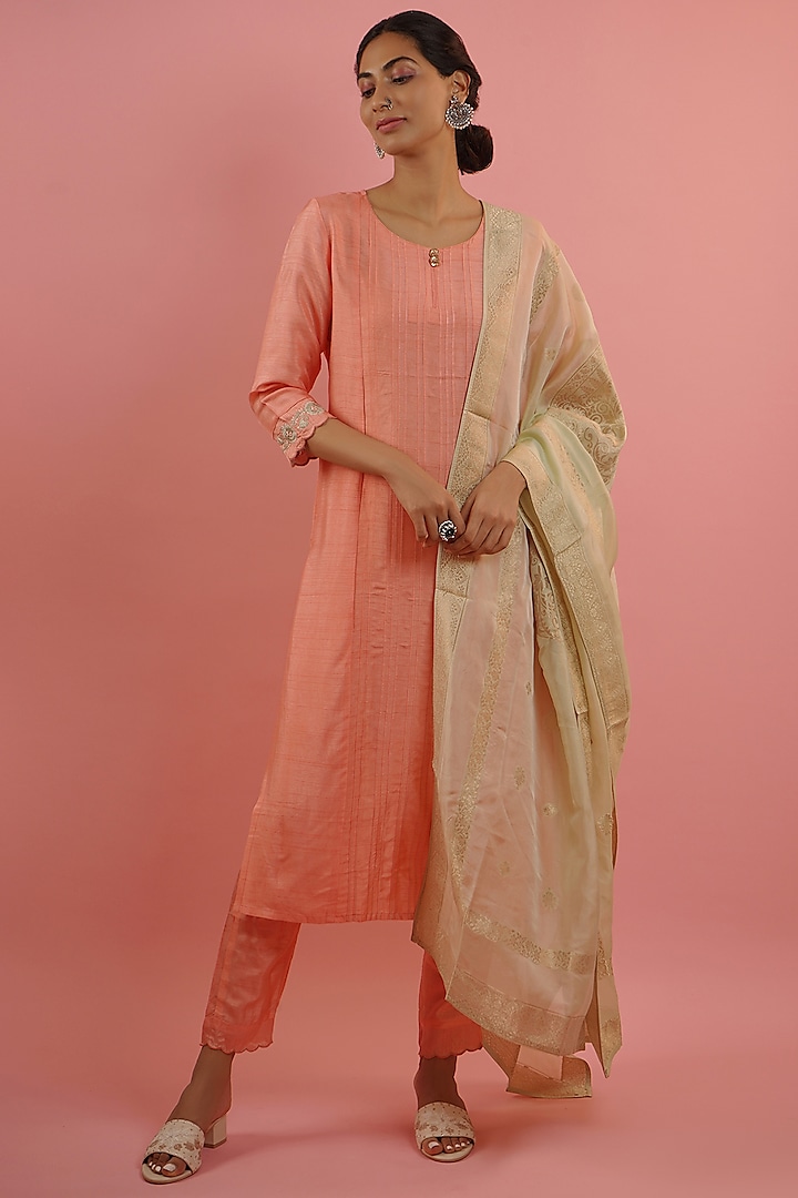 Peach Bemberg Raw Silk Kurta Set by AVAHA at Pernia's Pop Up Shop