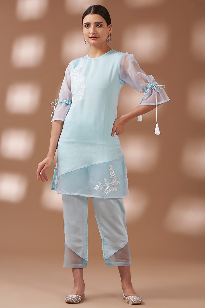 Pastel Blue Viscose Silk Blend Embroidered Kurta Set by AVAHA at Pernia